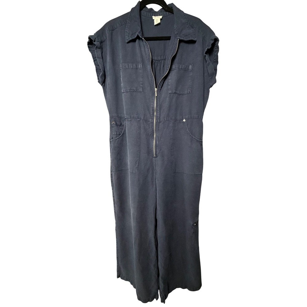 Nicole Miller Utility Crop Jumpsuit Navy Blue Zip Front Cargo Romper Size 12
